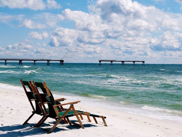 Summer.
Beach chairs and beautiful ocean scene.