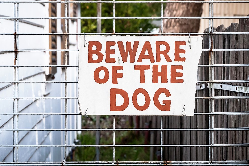 Pre-Travel Checklist.
Hand painted red and cream sign wired onto a wire fence by the side of a house stating: BEWARE OF THE DOG