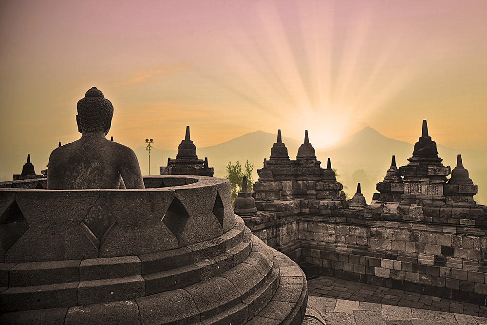 Sunrise at Borobudur temple and buddha statue.
Travel Blog Post Ideas.