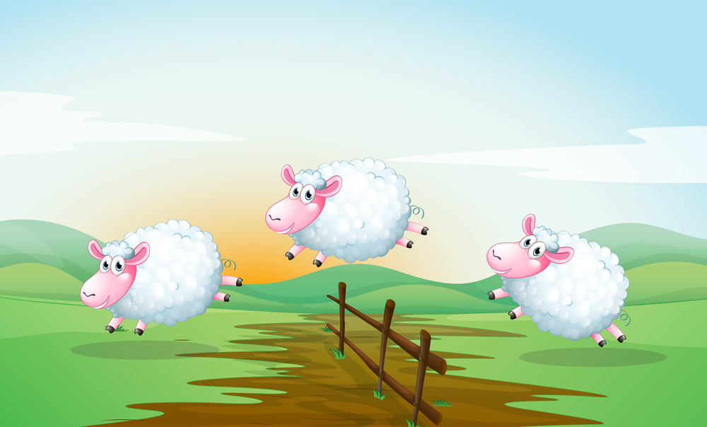 How to Sleep While on Vacation.
Illustration of three sheep jumping over a fence